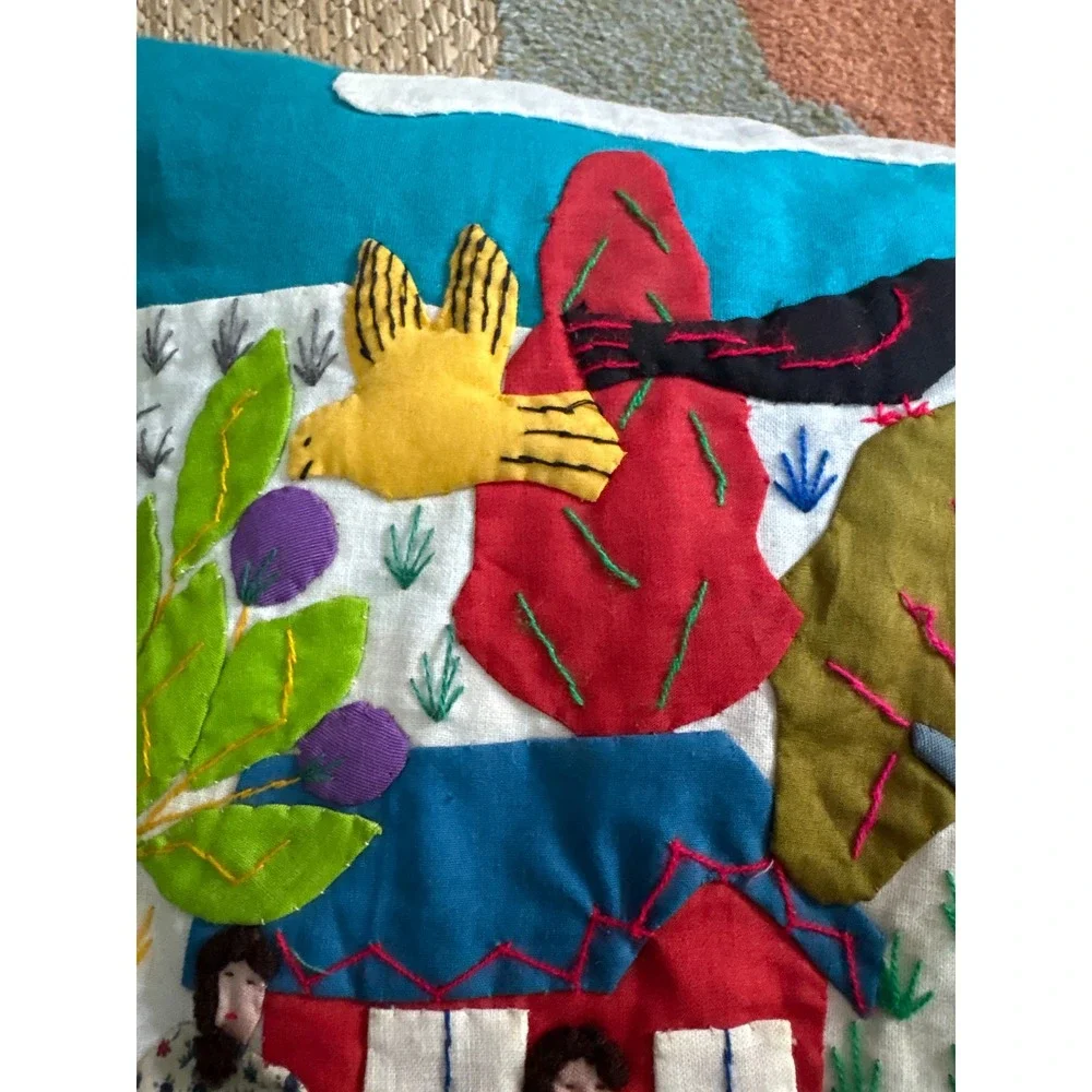 Handmade Arpillera Folk Art‎ Pillow Cover Embroidered 3D Village Scene Colorful